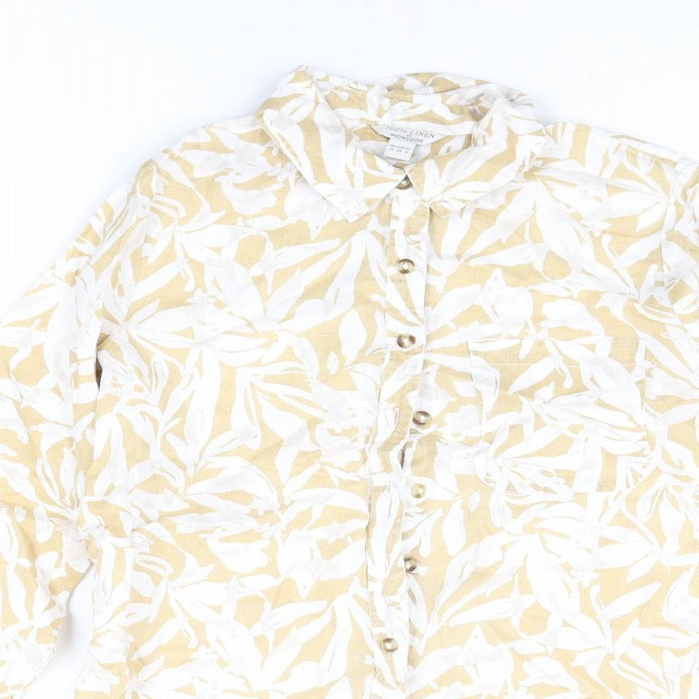 Monsoon Womens Beige Floral Linen Basic Button-Up Size 10 Collared