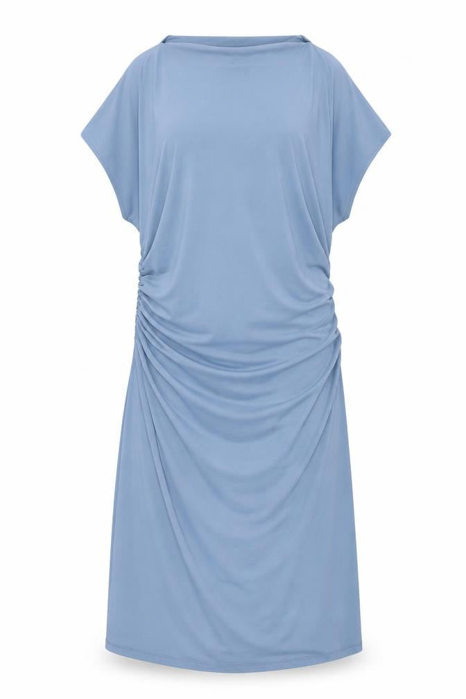 Marks & Spencer Womens Blue Polyester Shift Size 18 Square Neck Pullover - Rouched