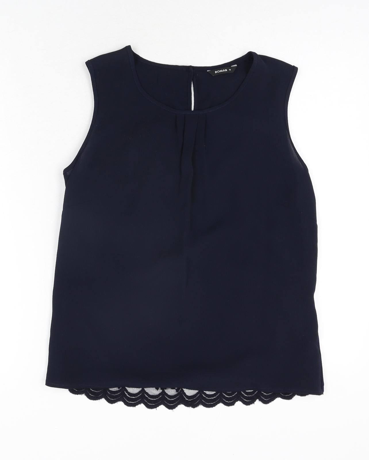 Roman Womens Blue Polyester Camisole Blouse Size 10 Round Neck - Knot Detail Lace Back