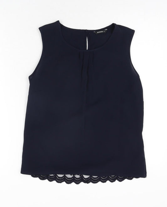 Roman Womens Blue Polyester Camisole Blouse Size 10 Round Neck - Knot Detail Lace Back