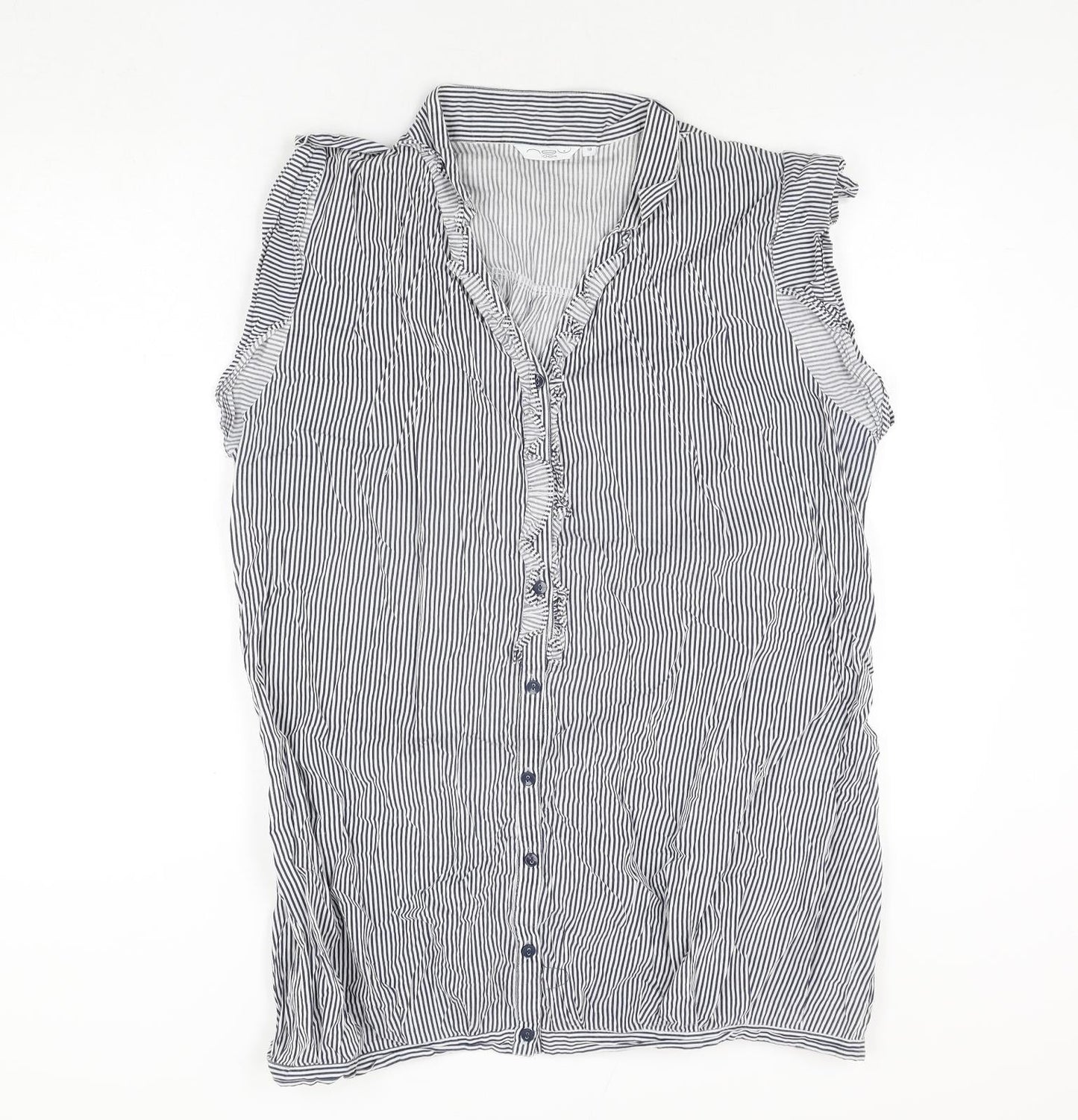 New Look Womens Blue Striped Cotton Tunic Blouse Size 18 V-Neck - Frill