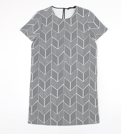 Zara Womens Black Geometric Polyester Shift Size M Round Neck Button