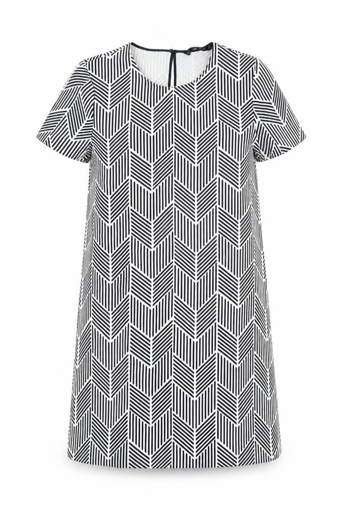 Zara Womens Black Geometric Polyester Shift Size M Round Neck Button