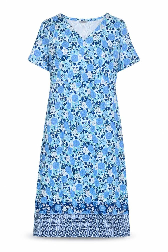 Mona Womens Blue Floral Viscose Shift Size 12 V-Neck Pullover