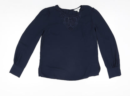 Marks & Spencer Womens Blue Polyester Basic Blouse Size 8 Round Neck - Embroidered Detail