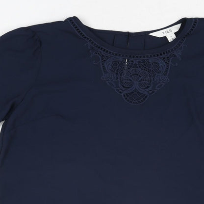 Marks & Spencer Womens Blue Polyester Basic Blouse Size 8 Round Neck - Embroidered Detail