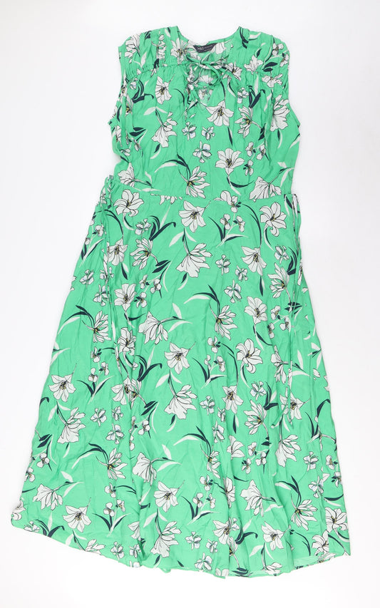 Marks and Spencer Womens Green Floral Cotton A-Line Size 8 V-Neck Tie - Frill