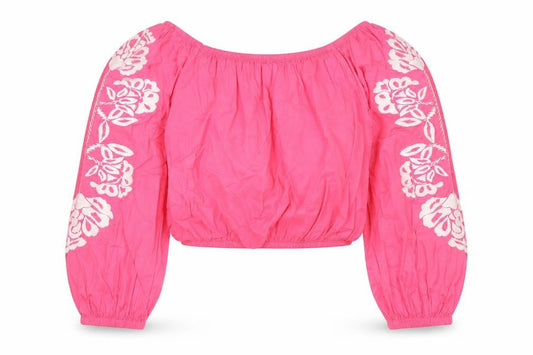Marks and Spencer Womens Pink Cotton Cropped Blouse Size 12 Off the Shoulder - Embroidered