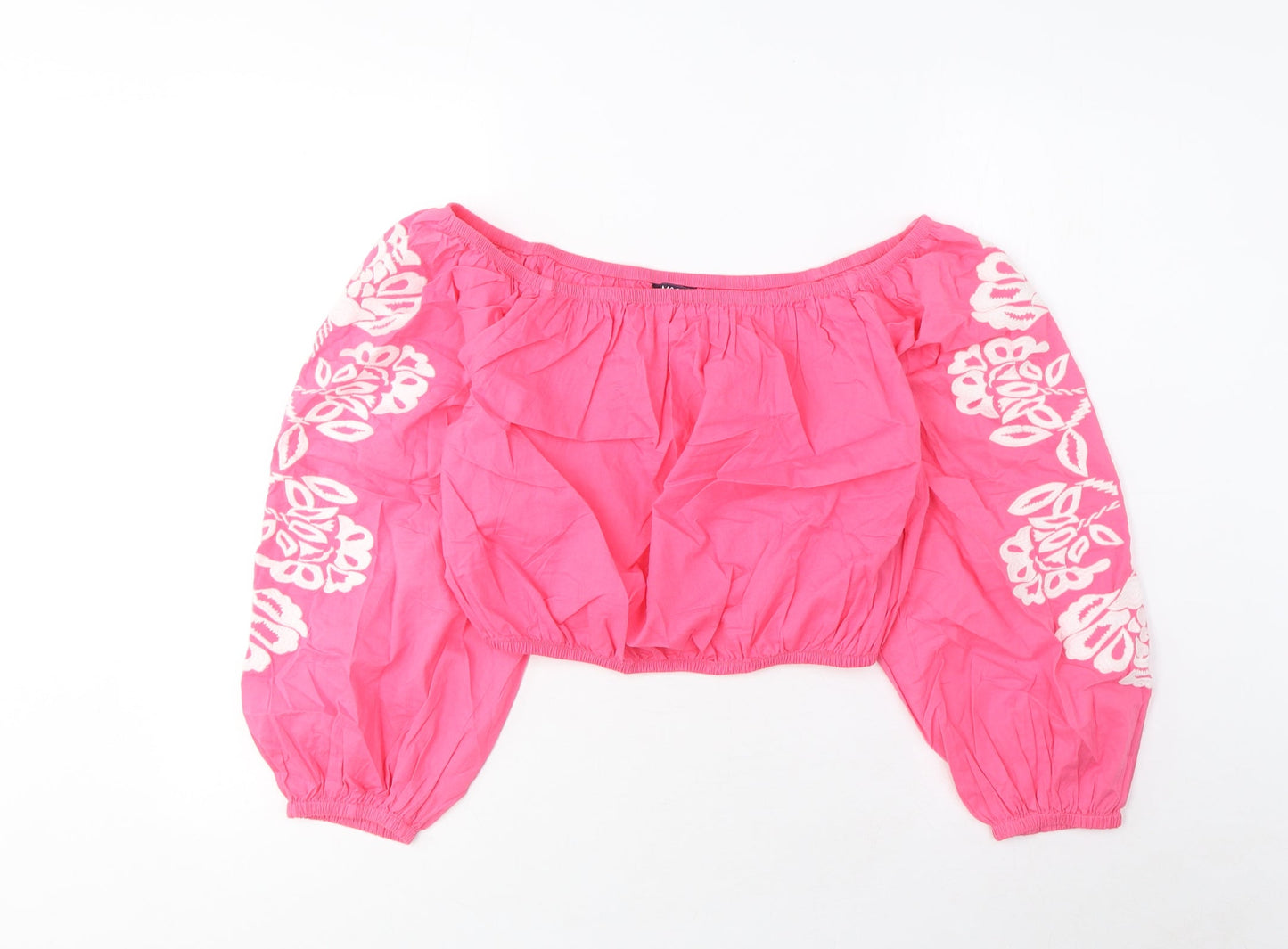 Marks and Spencer Womens Pink Cotton Cropped Blouse Size 12 Scoop Neck - Embroidered