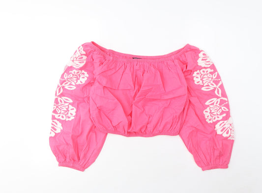 Marks and Spencer Womens Pink Cotton Cropped Blouse Size 12 Scoop Neck - Embroidered