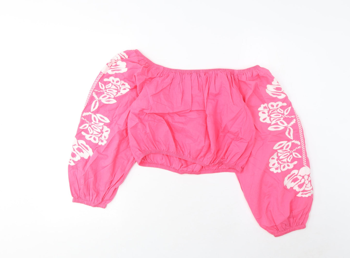 Marks and Spencer Womens Pink Cotton Cropped Blouse Size 12 Scoop Neck - Embroidered