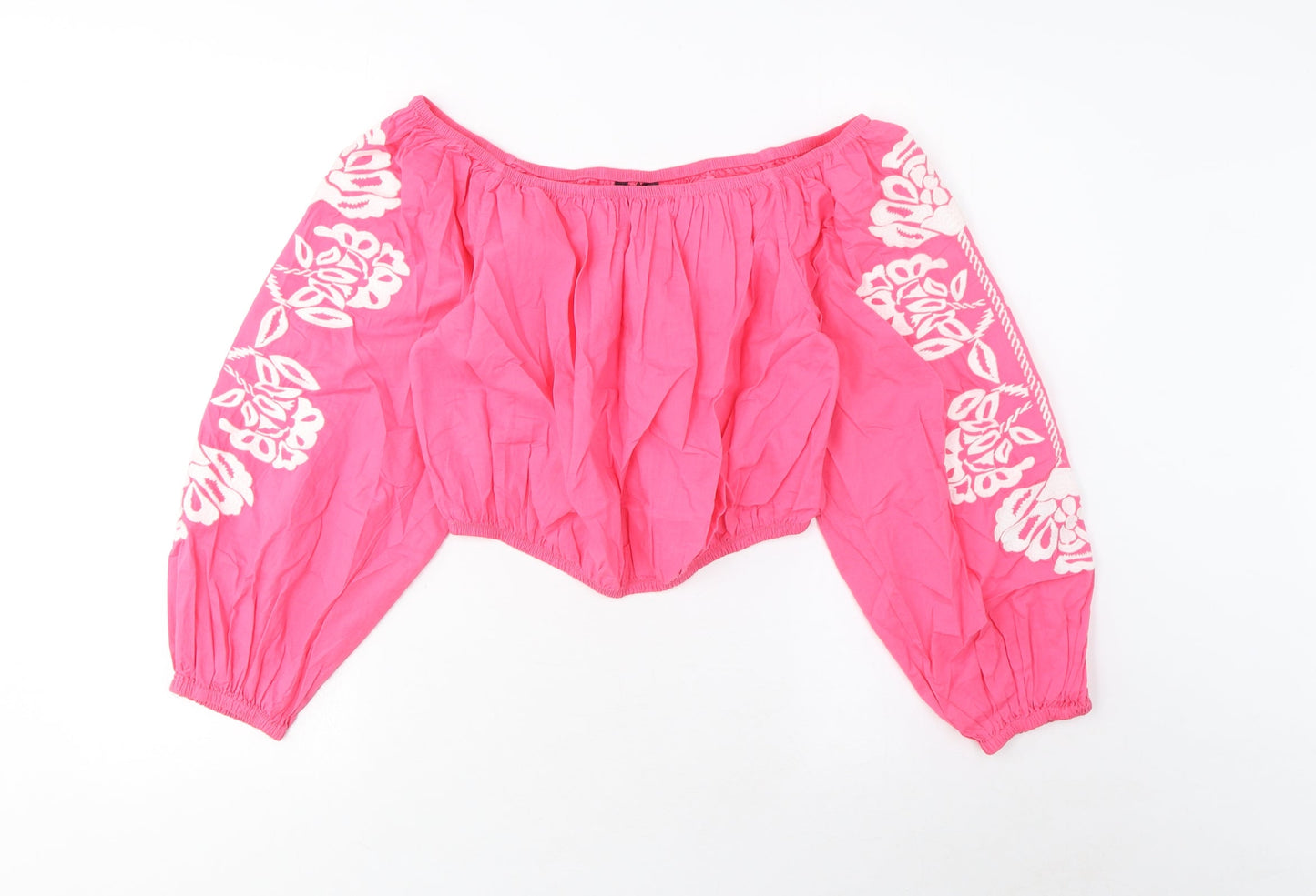 Marks and Spencer Womens Pink Cotton Cropped Blouse Size 12 Scoop Neck - Embroidered