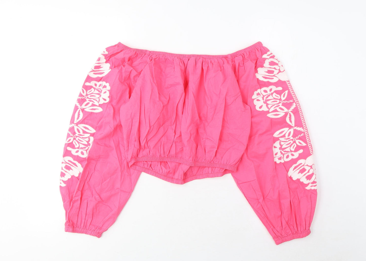 Marks and Spencer Womens Pink Cotton Cropped Blouse Size 12 Scoop Neck - Embroidered