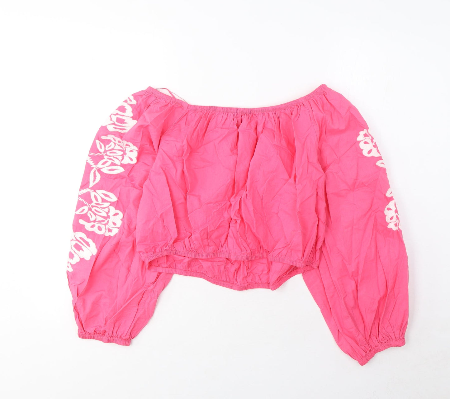 Marks and Spencer Womens Pink Cotton Cropped Blouse Size 18 Scoop Neck - Embroidered