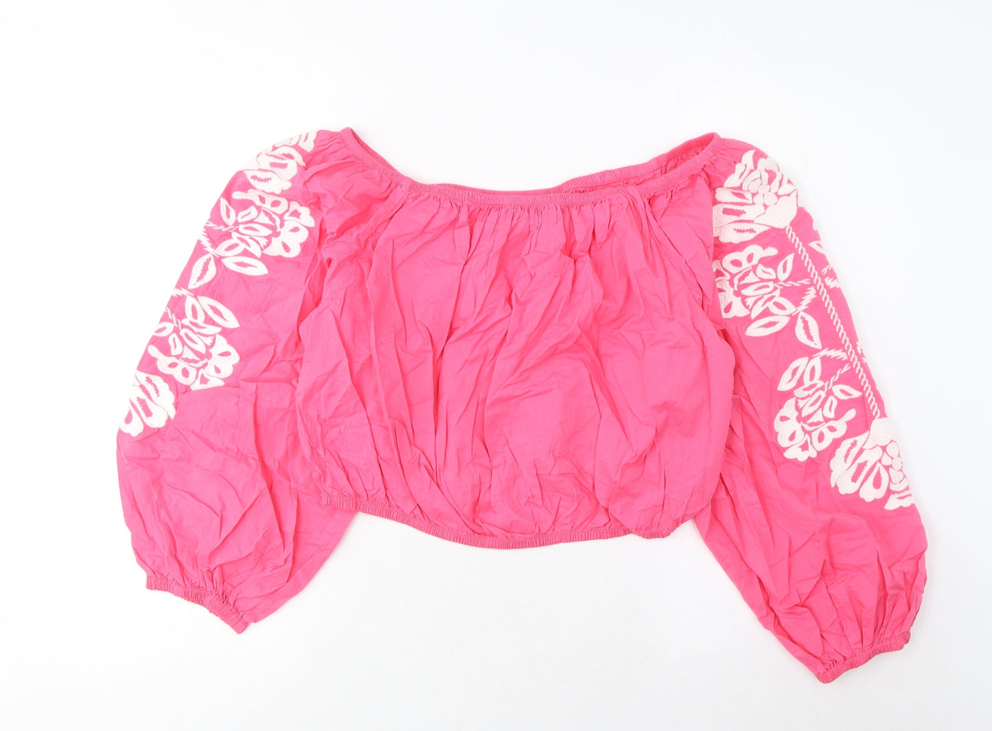 Marks and Spencer Womens Pink Cotton Cropped Blouse Size 18 Scoop Neck - Embroidered