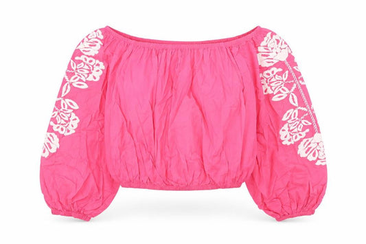 Marks and Spencer Womens Pink Cotton Cropped Blouse Size 18 Scoop Neck - Embroidered