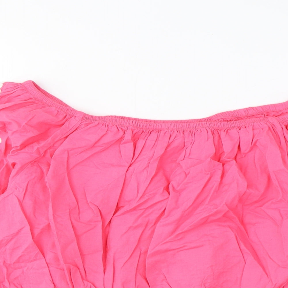Marks and Spencer Womens Pink Cotton Cropped Blouse Size 18 Scoop Neck - Embroidered