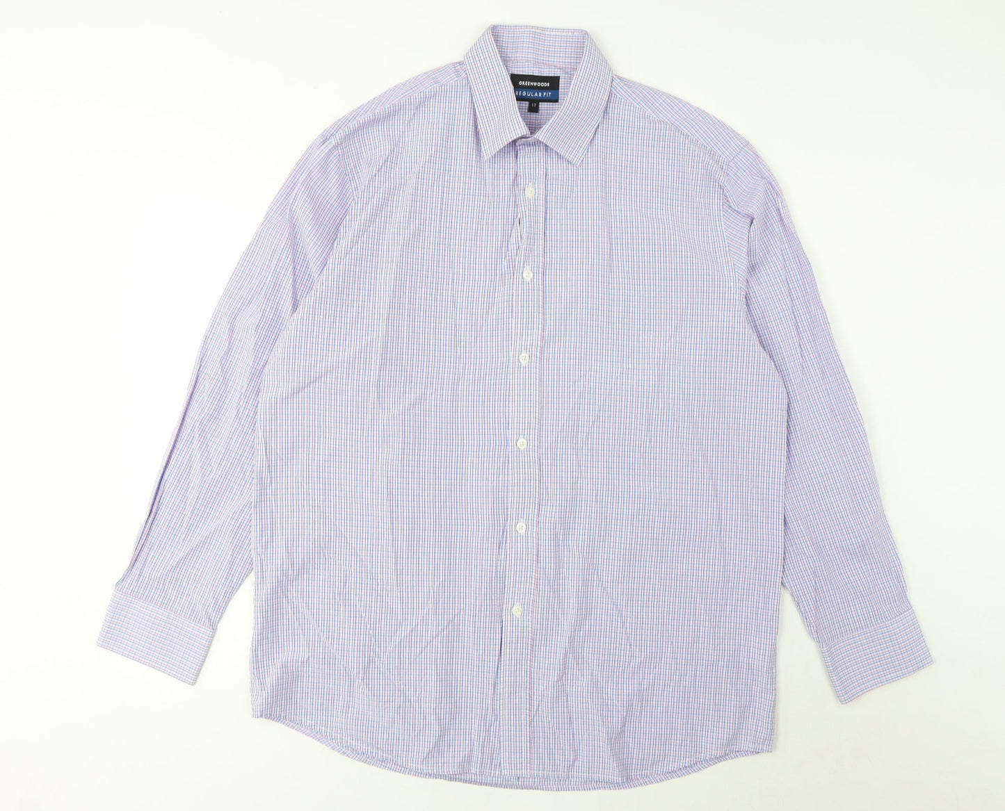 Greenwoods Mens Multicoloured Plaid Cotton Button-Up Size 17 Collared Button
