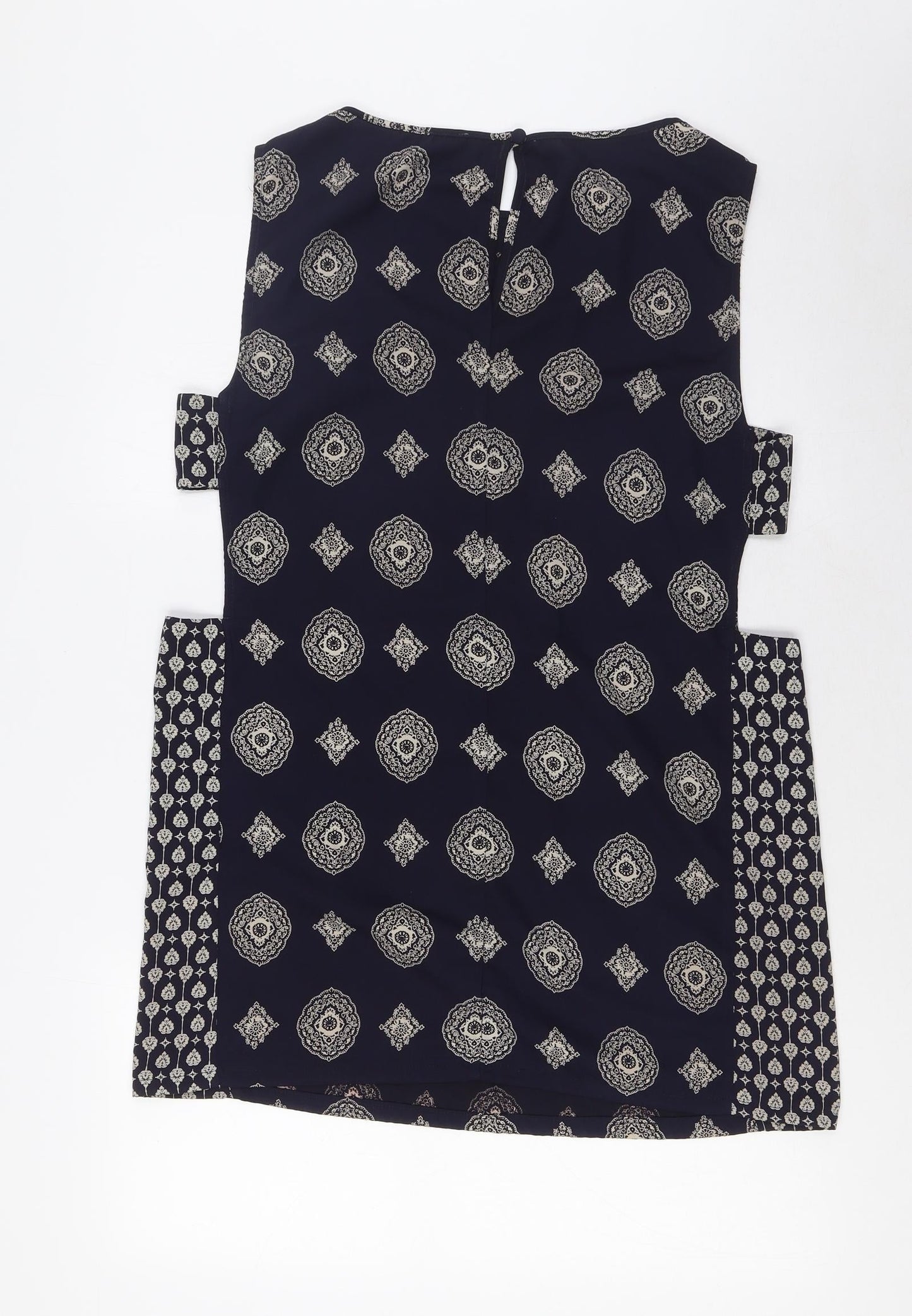 ASOS Womens Blue Geometric Polyester A-Line Size 12 Boat Neck Button - Open Sides