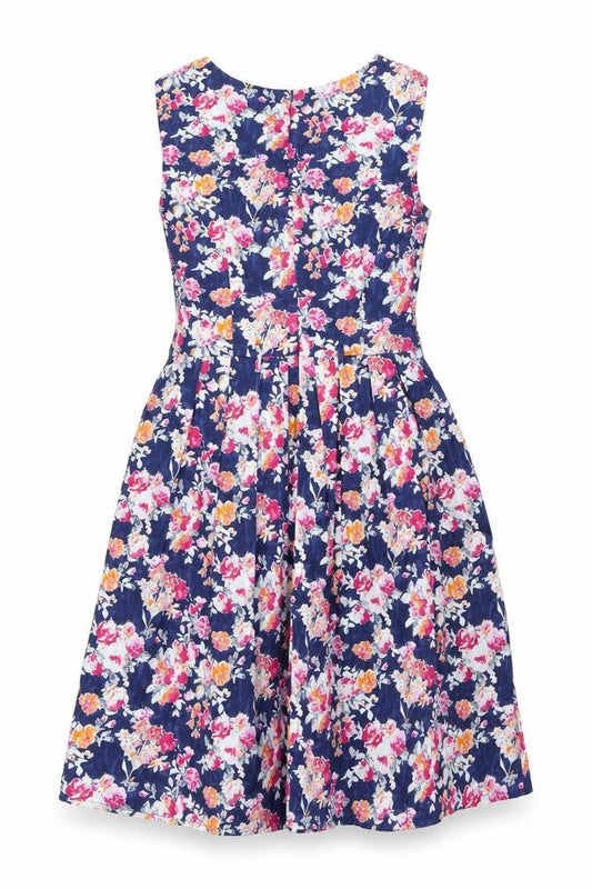 Yumi Womens Blue Floral 100% Cotton A-Line Size 8 Boat Neck Zip