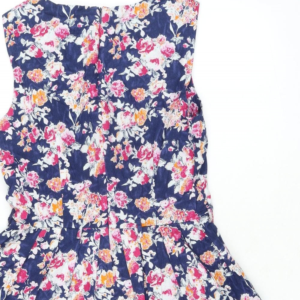 Yumi Womens Blue Floral 100% Cotton A-Line Size 8 Boat Neck Zip
