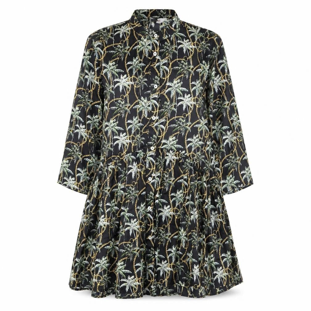 Forever Unique Womens Black Polyester A-Line Size 12 Mock Neck Button - Palm Trees