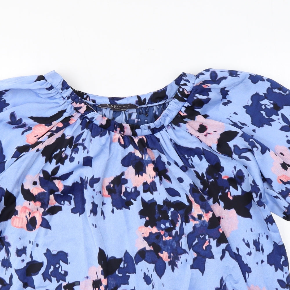 Marks and Spencer Womens Blue Geometric Polyester Basic Blouse Size 8 Round Neck