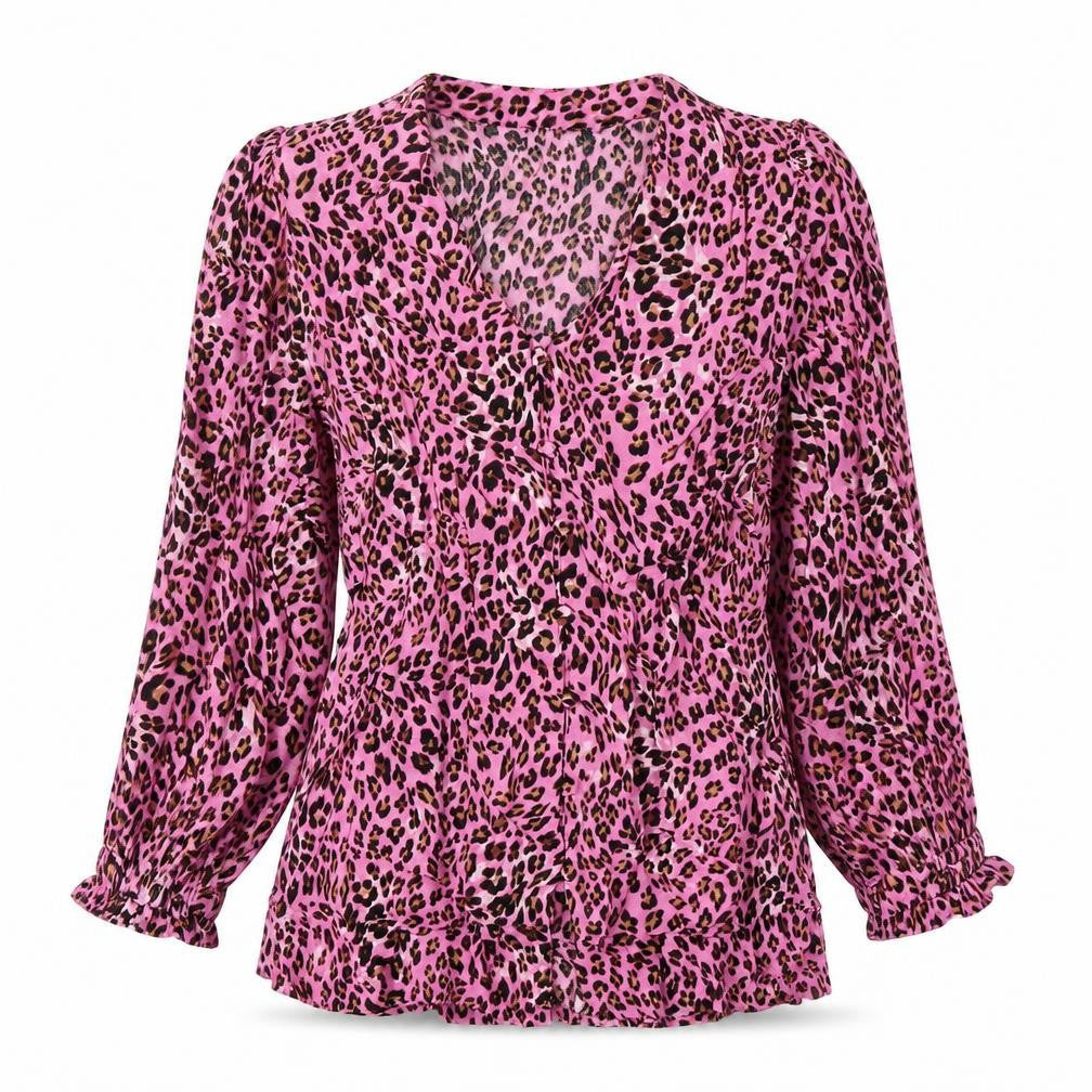 Marks & Spencer Womens Pink Animal Print Viscose Basic Button-Up Size 10 V-Neck