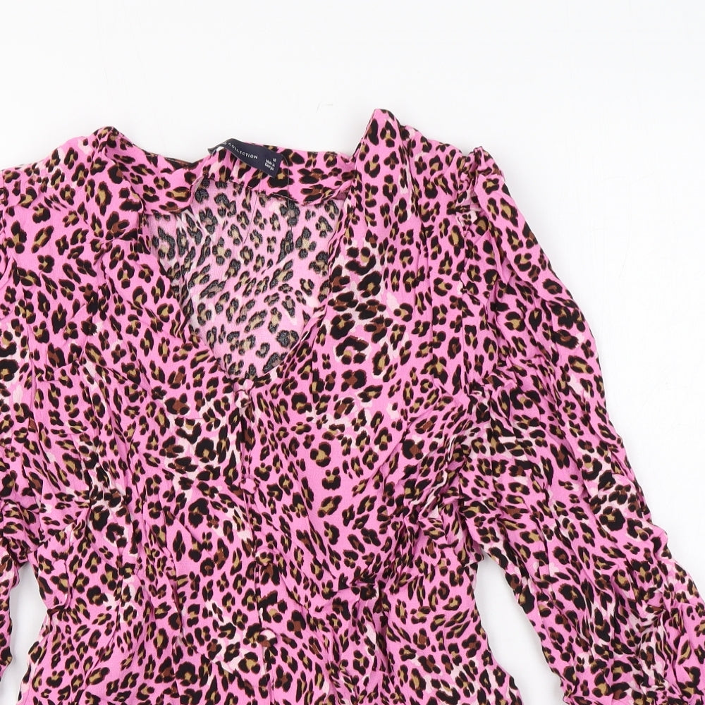 Marks and Spencer Womens Pink Animal Print Viscose Basic Button-Up Size 10 V-Neck