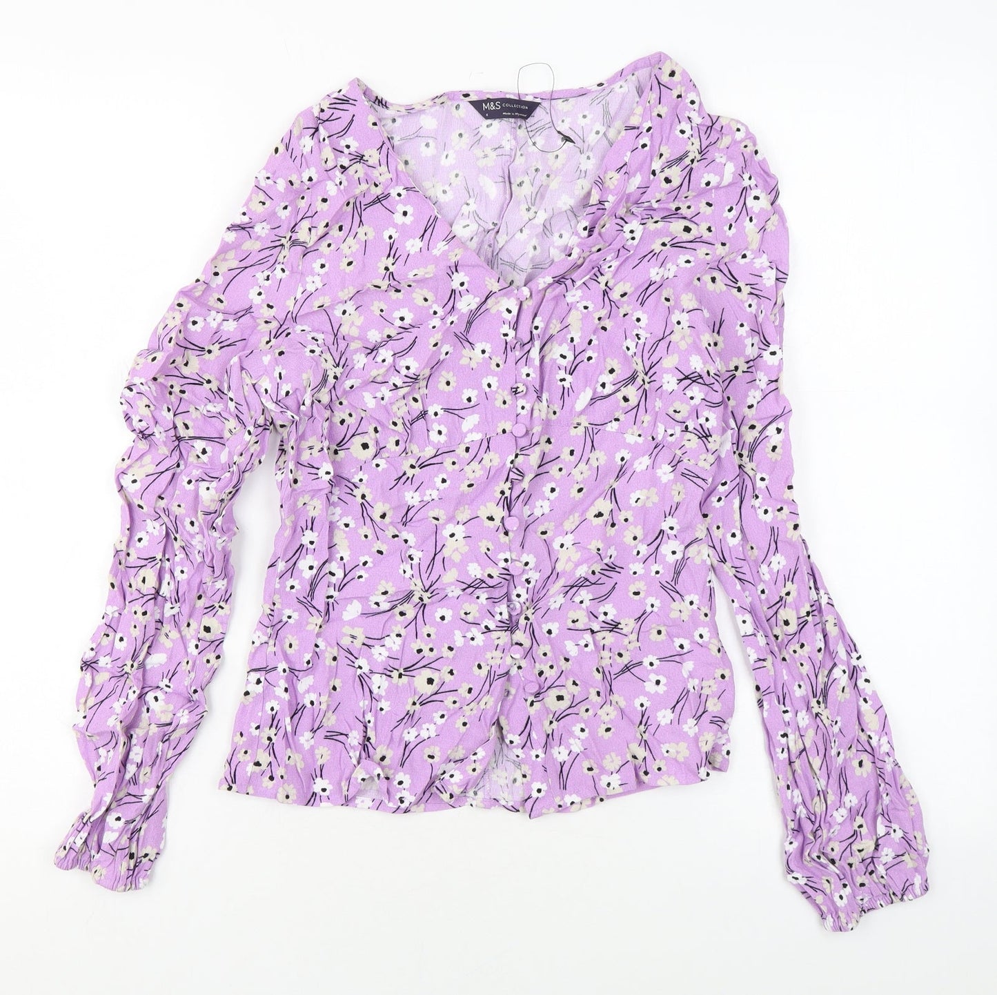 Marks and Spencer Womens Purple Floral Viscose Basic Button-Up Size 6 V-Neck