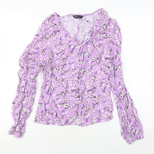 Marks and Spencer Womens Purple Floral Viscose Basic Button-Up Size 6 V-Neck