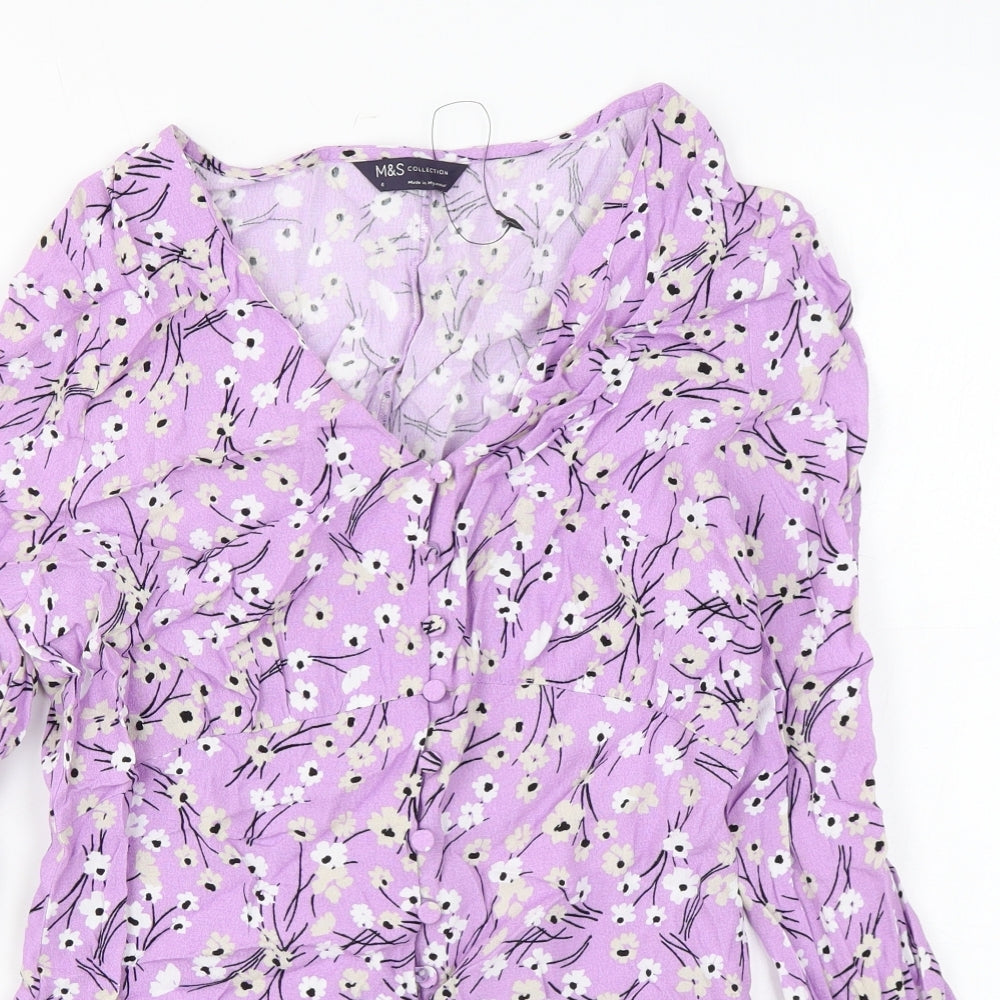 Marks and Spencer Womens Purple Floral Viscose Basic Button-Up Size 6 V-Neck
