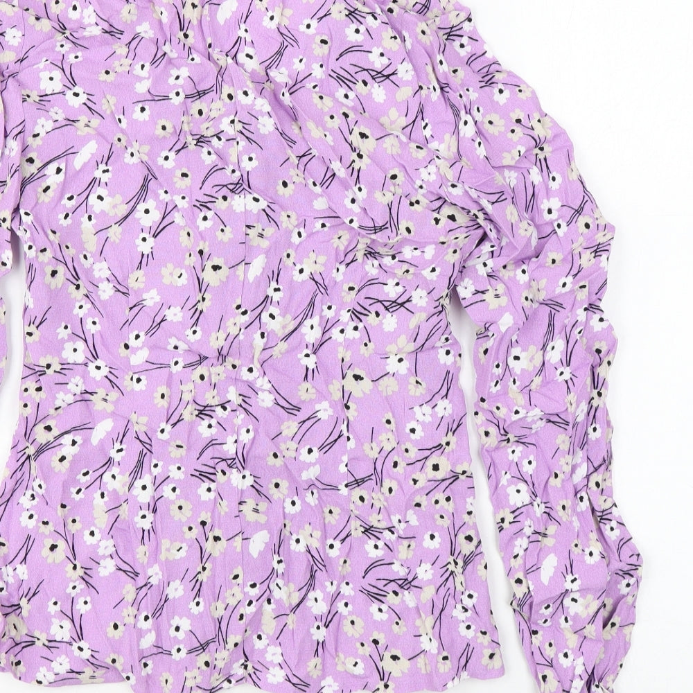 Marks and Spencer Womens Purple Floral Viscose Basic Button-Up Size 6 V-Neck