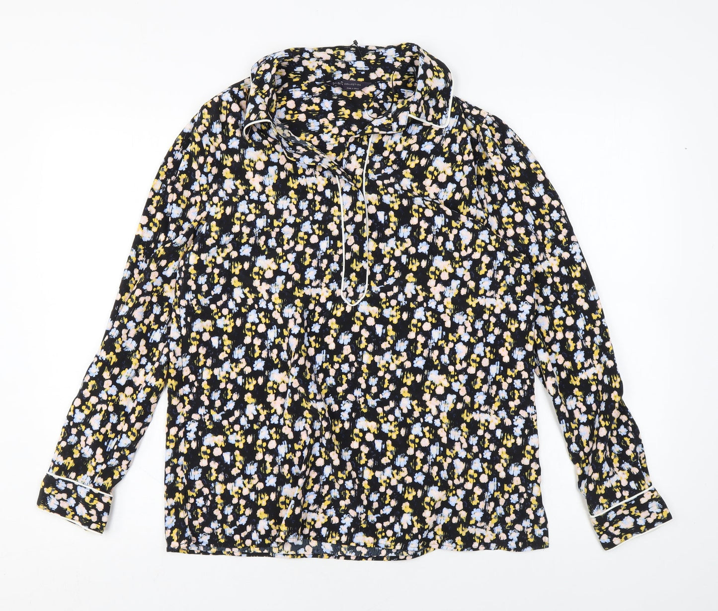 Marks and Spencer Womens Black Floral Polyester Basic Blouse Size 10 Collared