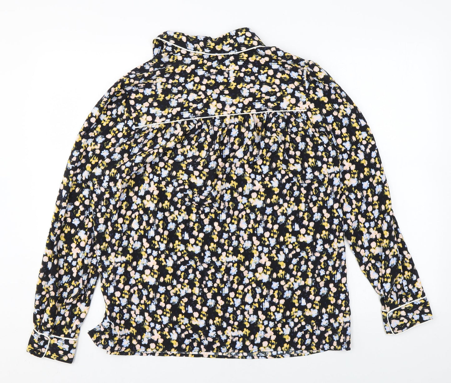 Marks and Spencer Womens Black Floral Polyester Basic Blouse Size 10 Collared
