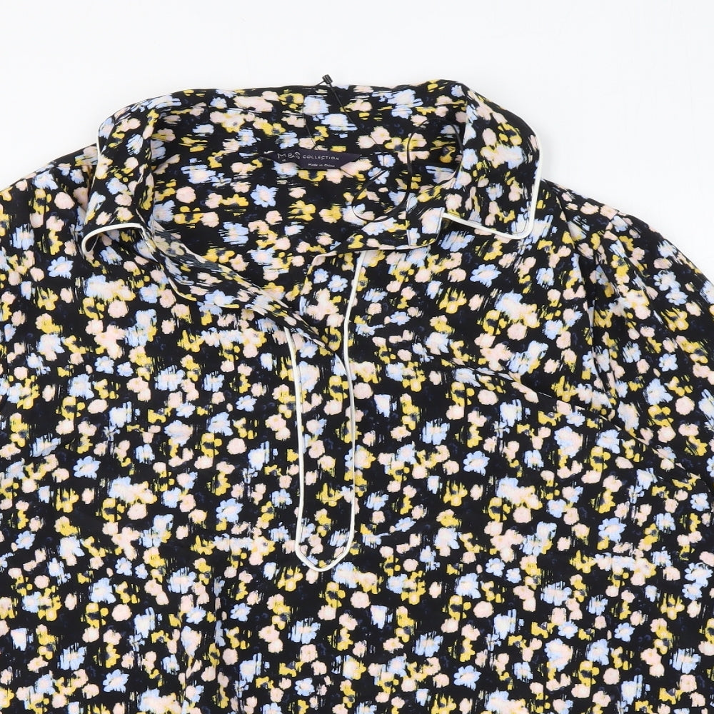 Marks and Spencer Womens Black Floral Polyester Basic Blouse Size 10 Collared