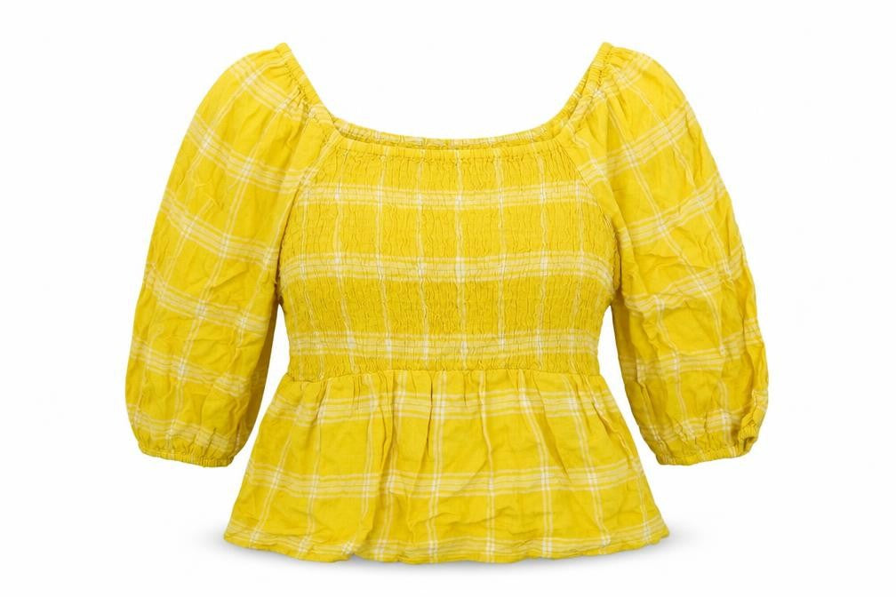 Marks & Spencer Womens Yellow Plaid Linen Basic Blouse Size 18 Square Neck - Shirred