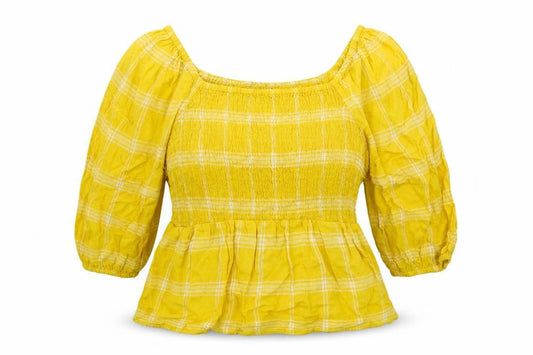 Marks & Spencer Womens Yellow Plaid Linen Basic Blouse Size 18 Square Neck - Shirred