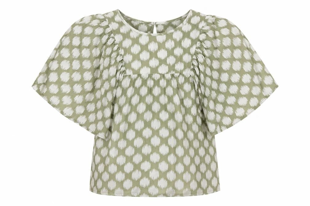 Marks & Spencer Womens Green Geometric Cotton Basic Blouse Size 6 Round Neck