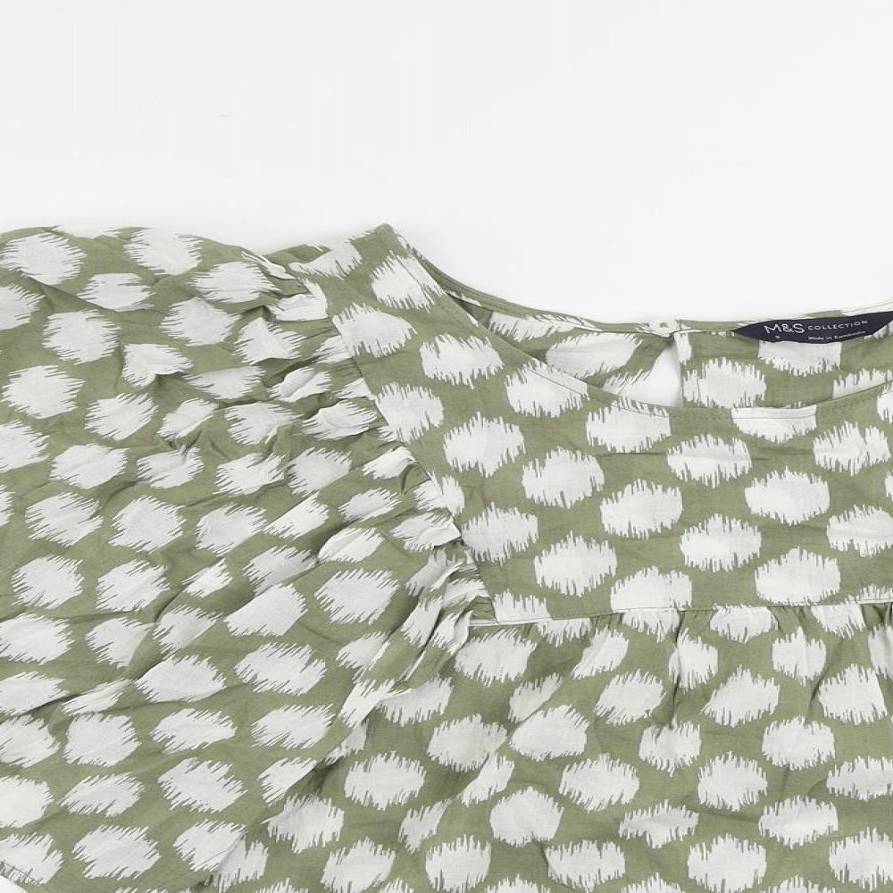 Marks and Spencer Womens Green Geometric Cotton Basic Blouse Size 6 Round Neck