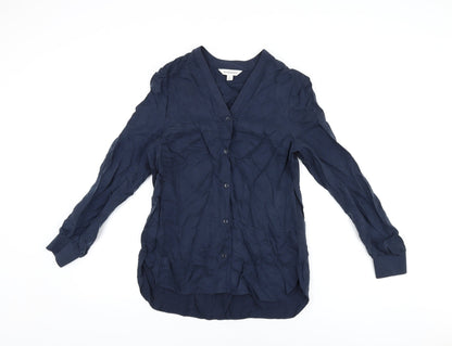 Additional front view of Autograph women’s blue cupro basic button-up, size UK 6, v-neck
