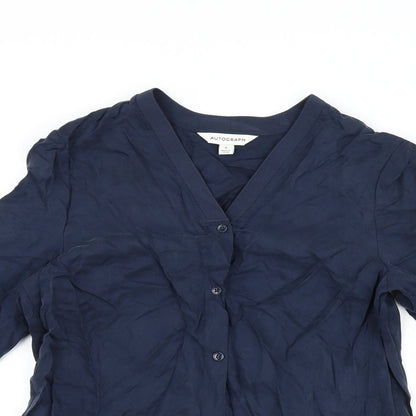 Close-up detail of Autograph women’s blue cupro basic button-up, size UK 6, v-neck