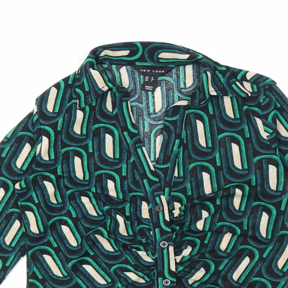 New Look Womens Green Geometric Polyester Basic Button-Up Size 6 Collared
