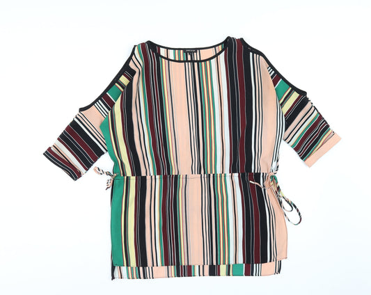 River Island Womens Multicoloured Striped Polyester Basic T-Shirt Size 6 Round Neck - Cold Shoulder