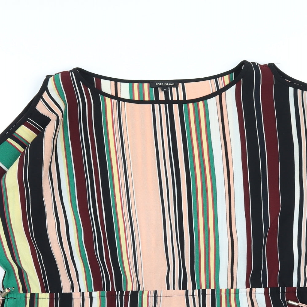 River Island Womens Multicoloured Striped Polyester Basic T-Shirt Size 6 Round Neck - Cold Shoulder