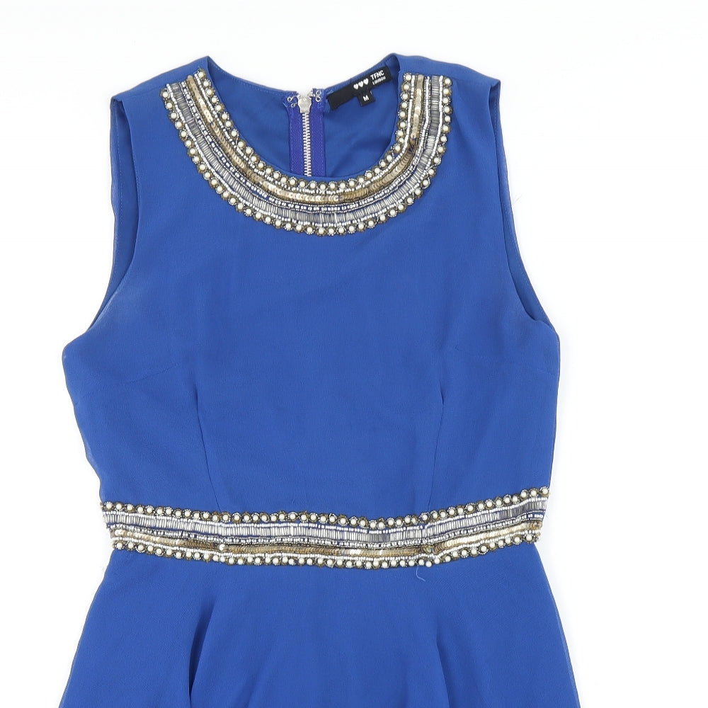 TFNC Womens Blue Polyester A-Line Size M Roll Neck Zip - Beaded Neckline