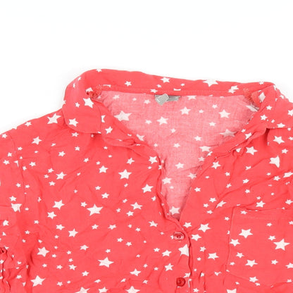 Close-up detail of ASOS women’s red geometric viscose basic button-up, size UK 12, collared