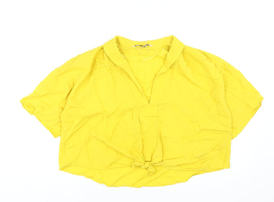 Zara Womens Yellow Viscose Basic T-Shirt Size M V-Neck