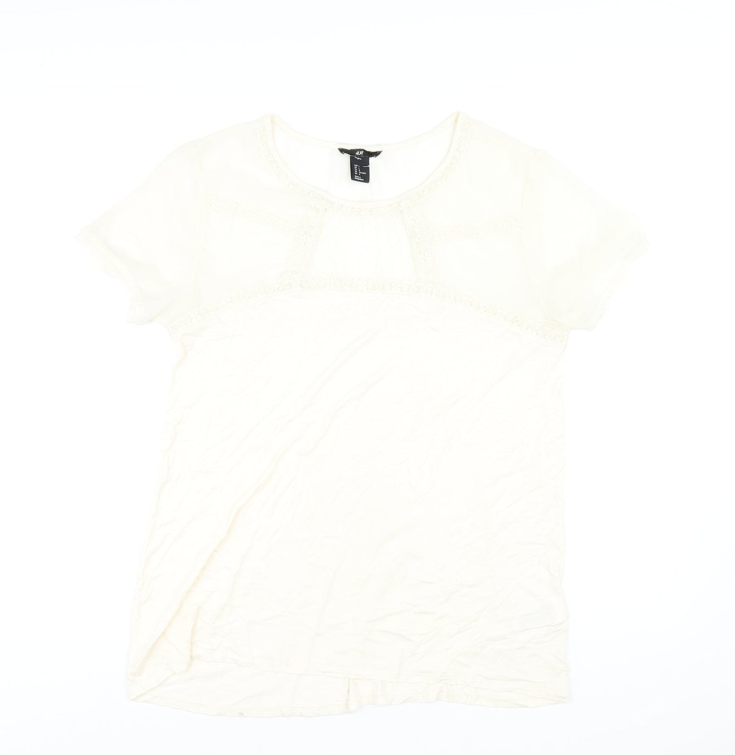 H&M Womens Ivory Viscose Basic T-Shirt Size L Round Neck