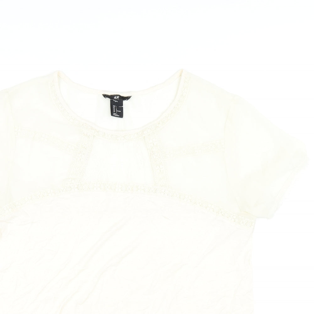 H&M Womens Ivory Viscose Basic T-Shirt Size L Round Neck